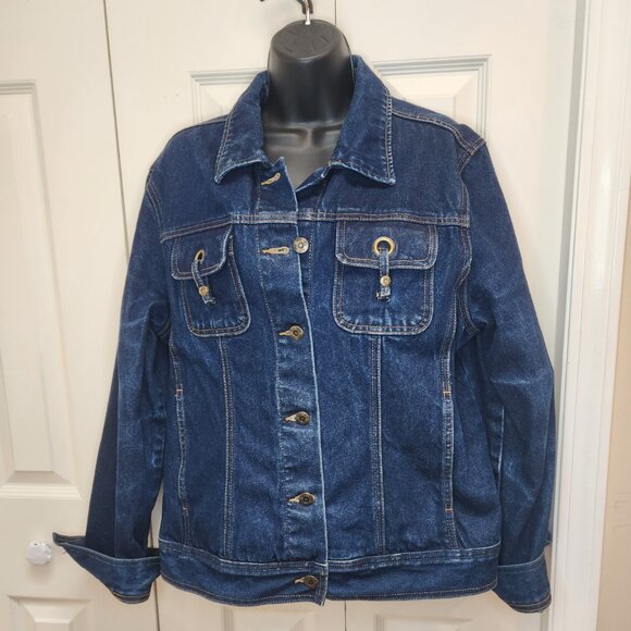[L] Cleo Cotton Denim Jacket with 4 Pockets Women's Size Large Button Front - Picture 1 of 14